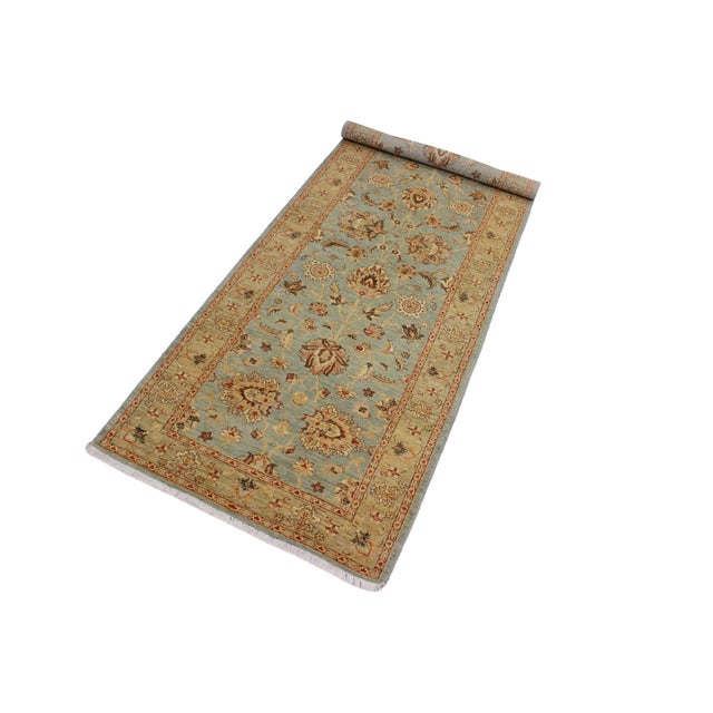 Shabby Chic Shabby Chic Ziegler 1990's Blue/Green Wool Runner Rug- 4'0'' X 11'7'' For Sale - Image 3 of 10