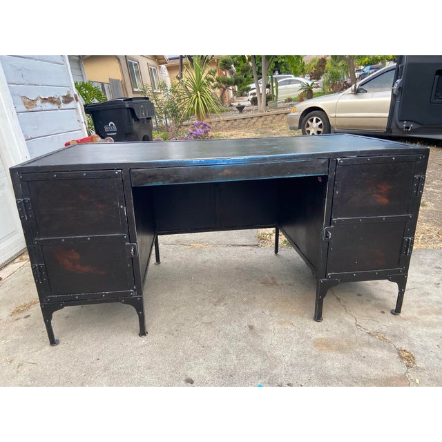 Restoration Hardware Restoration Hardware 1900’s French Industrial Metal Tool Chest Desk With Patina For Sale - Image 4 of 12