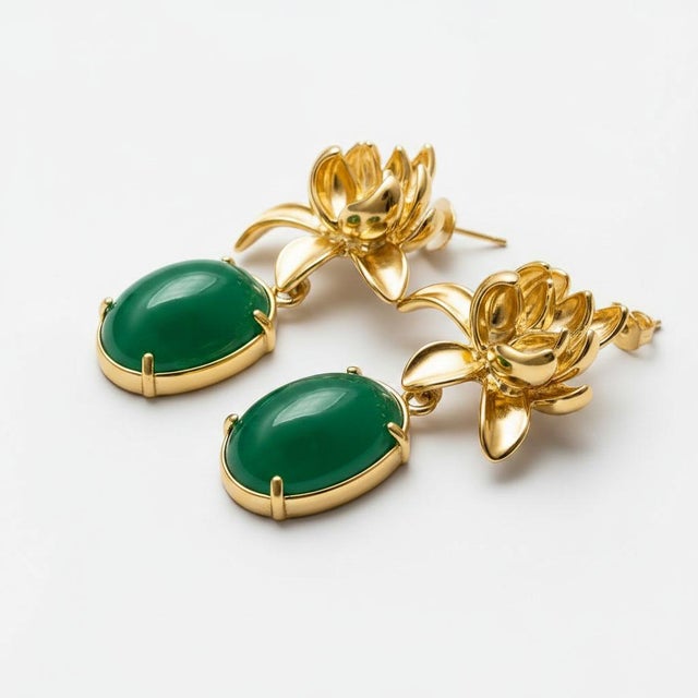 Modern Lotus Green Onyx Drop Earrings For Sale - Image 3 of 8