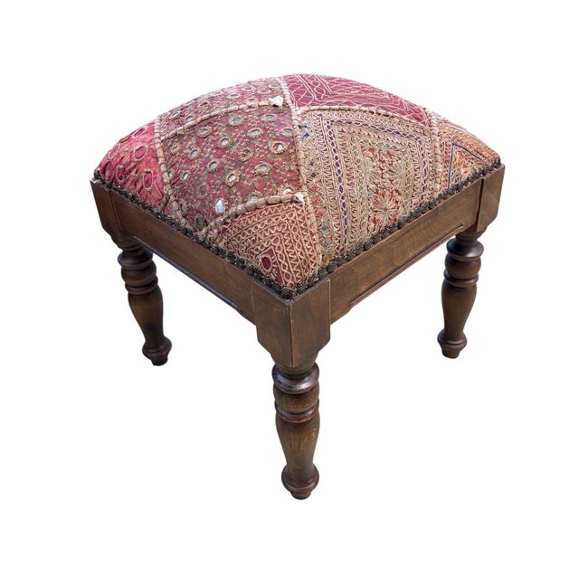 Glass Vintage Stool/Footstool Upholstered W/Kutchi Indian Banjara Fabric With Mirrors 15" H For Sale - Image 7 of 9