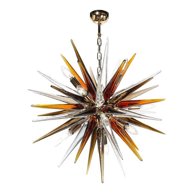 Modernist Mixed Hand-Blown Murano Glass Spike Form Sputnik Chandelier W/ Brass For Sale