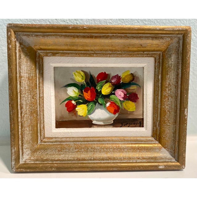 Red Small Vintage Flower Painting With Tulips Signed For Sale - Image 8 of 8
