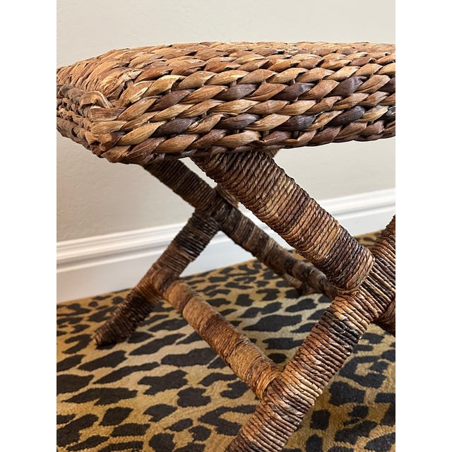 Vintage Rattan & Natural Seagrass Woven Over Wood X Benches - A Pair For Sale - Image 11 of 17