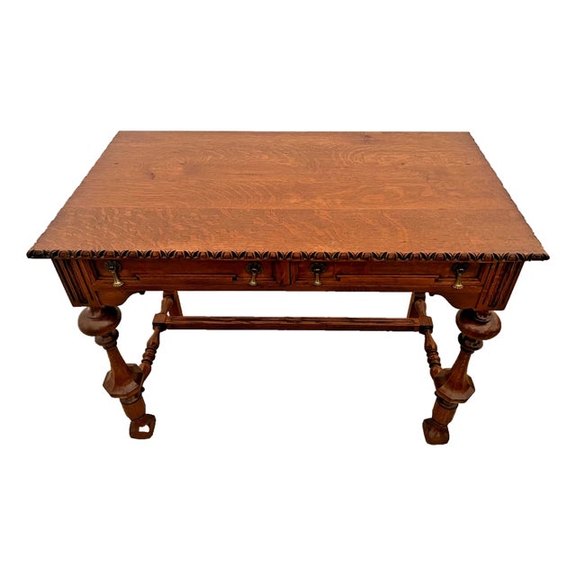 Early 20th Century Victorian Style Desk Two Drawers Quarter Sawed Tiger Oak Petite Size Hand Carved Top For Sale