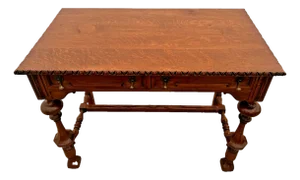 Early 20th Century Victorian Style Desk Two Drawers Quarter Sawed Tiger Oak Petite Size Hand Carved Top