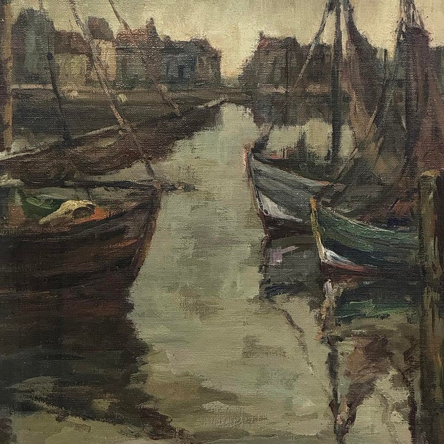 Antique Framed Oil Painting on Canvas by A. Sengier (1886-1964) 'Sailboats at the Quay' For Sale - Image 12 of 16
