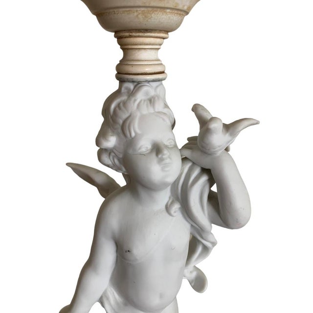 Glass Late 19th Century Neoclassical Biscuit Porcelain Cherub Lamp Ruffled Milk Glass Shade For Sale - Image 7 of 15