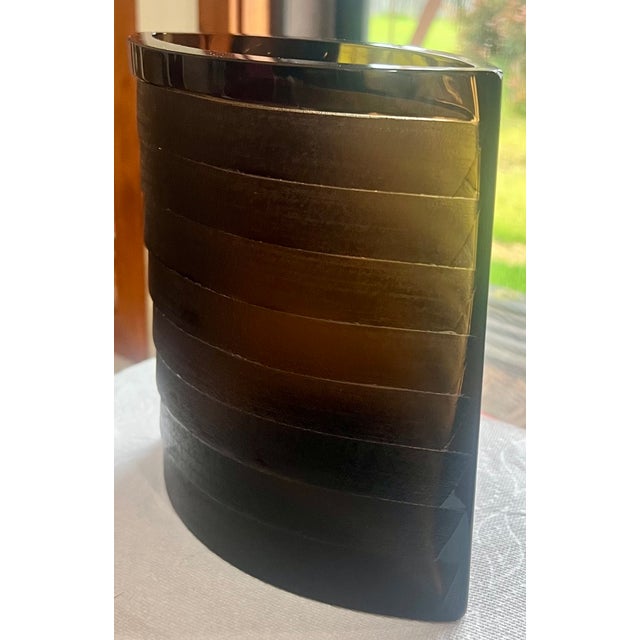 Glass Vintage Libera Czech Republic Smoky Brown Crystal Vase Pocket Shaped Vase For Sale - Image 7 of 10