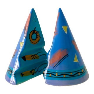 1990s Brendan Adams Postmodern Ceramic Blue Salt and Pepper Shakers– a Set For Sale