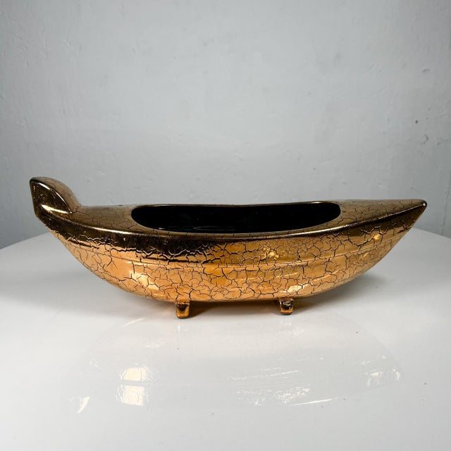 1960s Footed Ikebana Vase Mottled Gold Ceramic Boat For Sale - Image 10 of 10