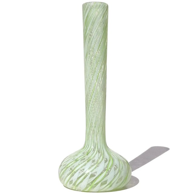 Mid-Century Modern Vintage Murano Fratelli Toso Green White Swirl Ribbons Italian Art Glass Soliflore Long Neck Flower Vase For Sale - Image 3 of 7
