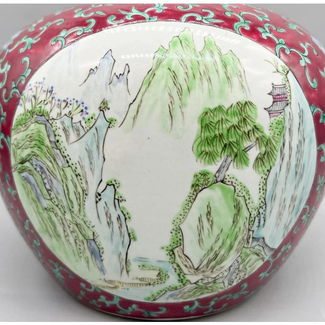 Pair of Chinese Porcelain Landscape Melon Ginger Jars — Plum Red/ Aubergine With Mountain Scenes — Chinoiserie / Hollywood Regency For Sale - Image 11 of 13