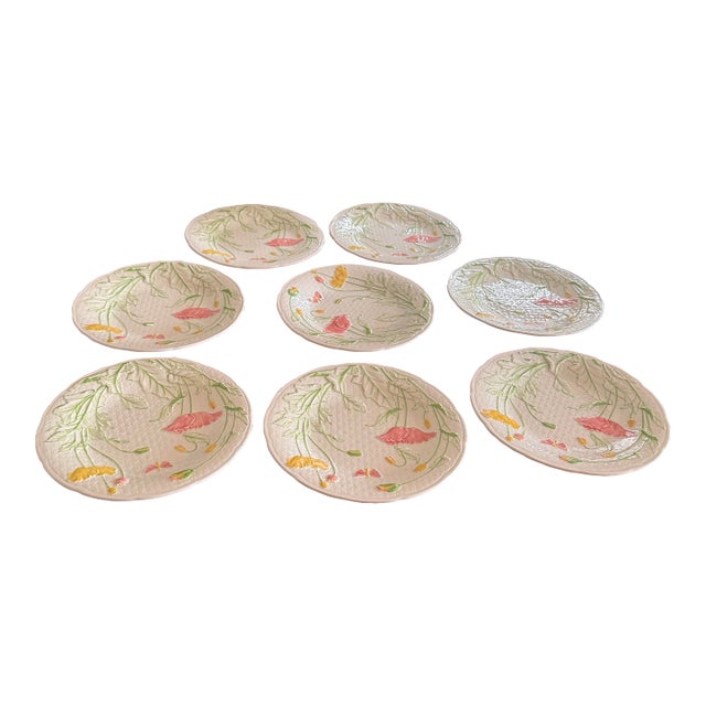 1980s Gien RFB Connoisseur Deauville Textured Salad Plate Limoges Pink Poppies - Set of 8 For Sale