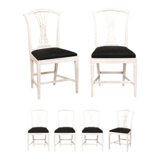 Swedish 1890s Painted Wood Dining Room Side Chairs with Black Fabric - Set of 6 For Sale