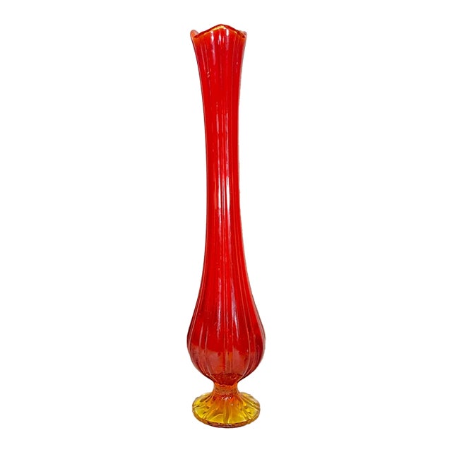 Vintage Large Mid Century Modern Red Orange and Yellow Swung Vase Tall 21 Inch For Sale