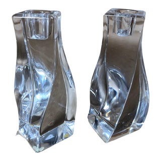 Orrefors of Sweden Signed Crystal Twisted Candlesticks Candle Holders- a Pair For Sale