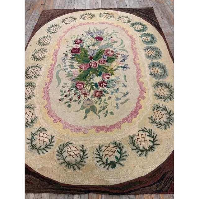 1880s Traditional Beige Antique Roses Folk Art American Hooked Knotted Wool Rug For Sale In New York - Image 6 of 9