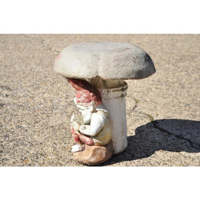 Vintage Figural Elf Under Mushroom Cement Concrete Garden Stool Seat For Sale In Philadelphia - Image 6 of 8