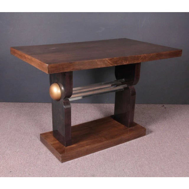 Mid-Century Modern French Art Deco Two-Tone Walnut Table With Nickeled Mounts For Sale - Image 3 of 9
