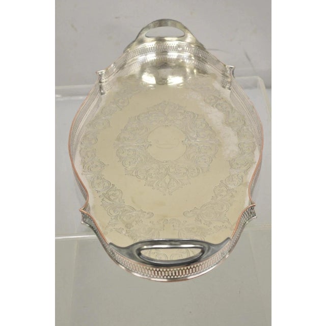 Vintage English LBS Co 982 Silver Plated Scalloped Oval Pierced Gallery Tray For Sale - Image 12 of 12