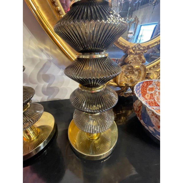 Pair of Modern Smoke Colored Murano Glass and Brass Lamps For Sale - Image 4 of 8
