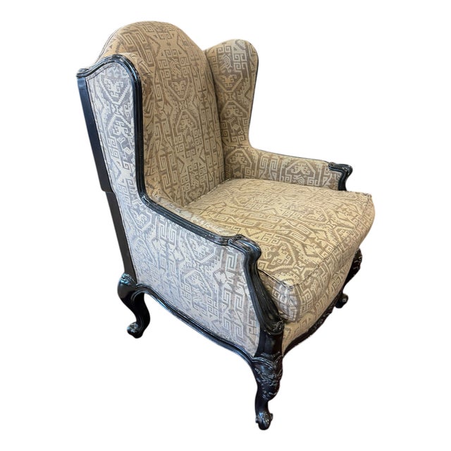 Antique Fortuny Upholstered Black Lacquered Wingback Arm Chair For Sale