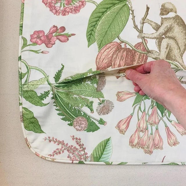 2020s Designer P Kaufmann Lydia Irwin Ivory Pink Green & Tan Botanical Floral Jungle Leaves Monkey Tropical Pillow Covers- a Pair For Sale - Image 5 of 7