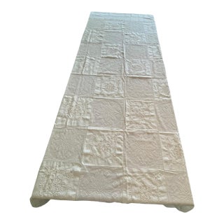 Vintage Whitework & Cutout Embroidery Tablecloth White Farmhouse Traditional English Cottage Grandmillennial Floral For Sale