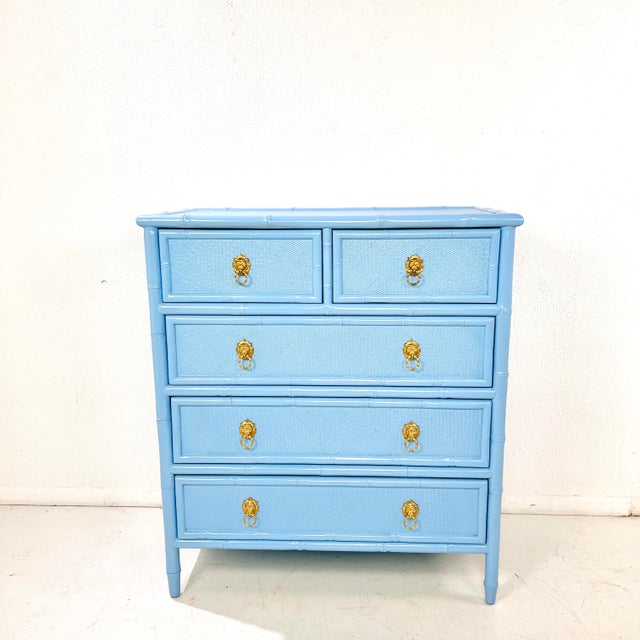 Vintage Faux Bamboo & Woven Wicker Lacquered Chest of Drawers For Sale - Image 14 of 15