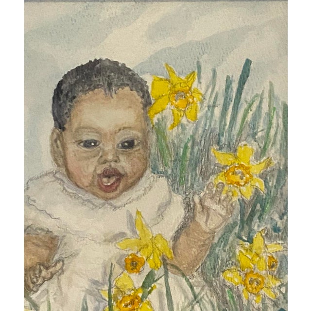 Portraiture Mid 20th Century Black Toddler "April Among the Daffodils" Signed Watercolor For Sale - Image 3 of 6