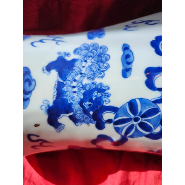 Royal Blue Final Clearance 19th Century 24" Shishi Qilin Blue and White Temple Urn Tribute - 24" For Sale - Image 8 of 18