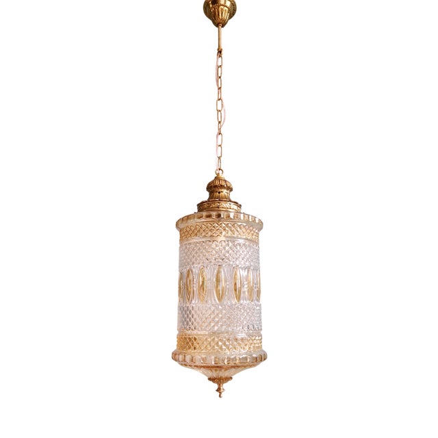 Large Glass and Brass Lantern Pendant Light, 1960s For Sale