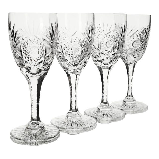 Kusak Cut Glass Works Chantilly Lace Crystal Water Goblets, Set of 4 6.5" For Sale