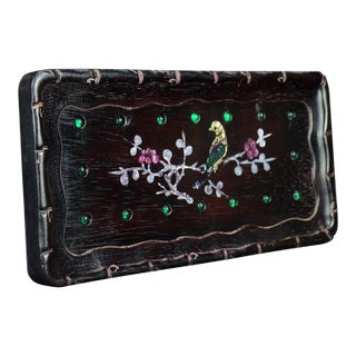 Vintage Chinese Hardwood Tea Tray — Mother-of-Pearl Magpie & Plum Inlay With Green Gemstone Accents For Sale