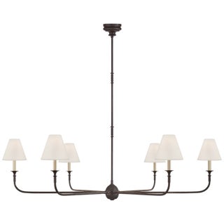 Thomas O'Brien for Visual Comfort Signature Piaf Grande Chandelier in Aged Iron & Ebonized Oak with Linen Shades For Sale