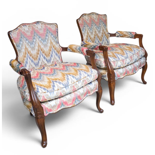 Mid 20th Century Pair of Mid-Century French Louis XV Style Walnut Bergère Fauteuils With Ikat Upholstery For Sale - Image 5 of 13