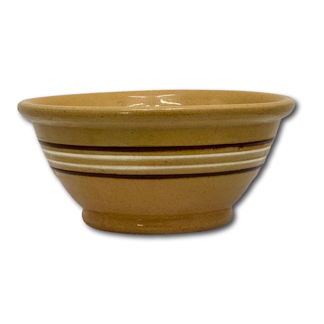 Ceramic Nice Antique Thick & Heavy 9.25 Inch Brown & White Banded Yellow Ware Kitchen Batter Mixing Bowl Late 1800s For Sale - Image 7 of 14