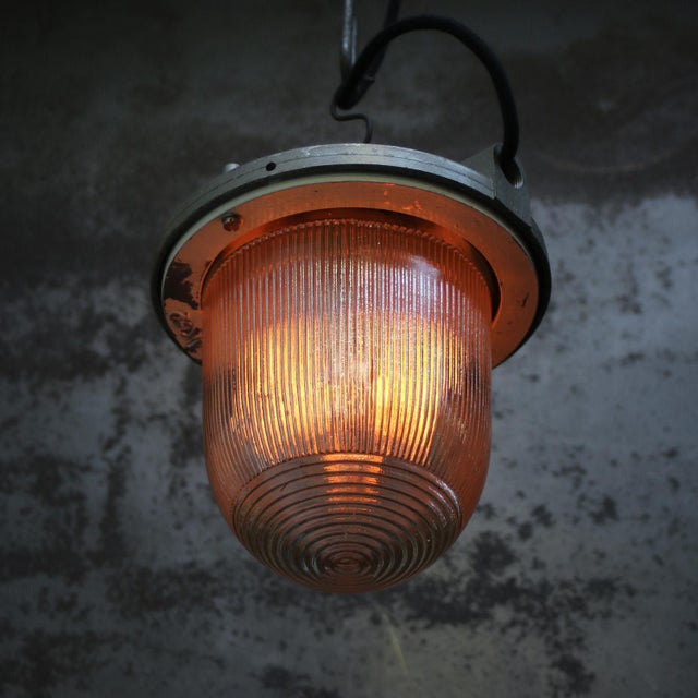 Vintage Industrial Grey Metal Holophane Glass Pendant Lamp For Sale - Image 5 of 7