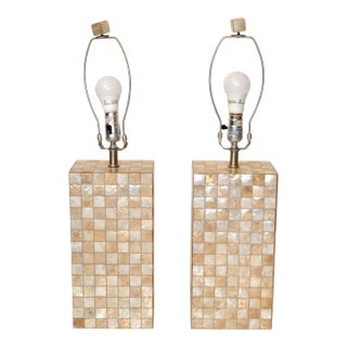 Pair, Mid-Century Modern Capiz Shell Over Wood Square Table Lamps For Sale