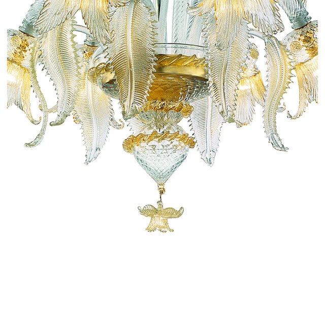 Italian Clear and Gold-Leaf Chandelier with Flowers and Leaves Murano Glass by Simoeng, in Exhibition Piece conditions....
