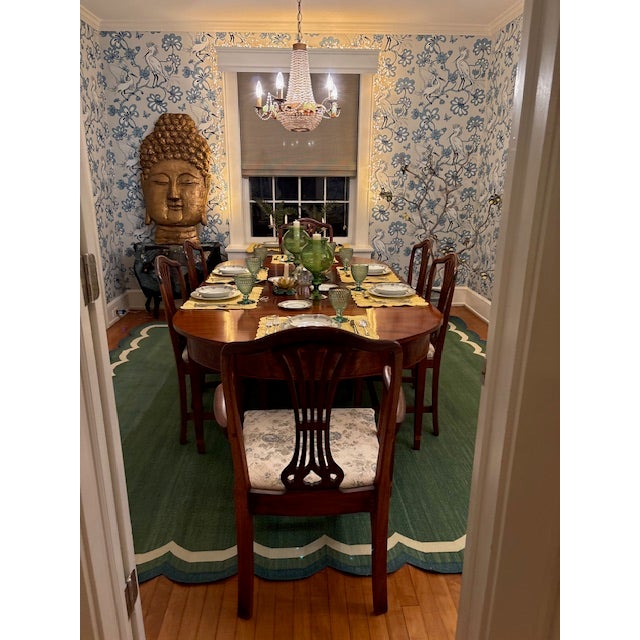 Handmade Cotton Vegetable Dyed Rug, Scalloped Forest Green Dhurrie - 14'x16' For Sale - Image 9 of 12