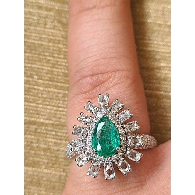 2020s Set in 18k Gold, Natural Zambian Emerald & Rose Cut Diamond Engagement Ring, Size 6 For Sale - Image 5 of 6