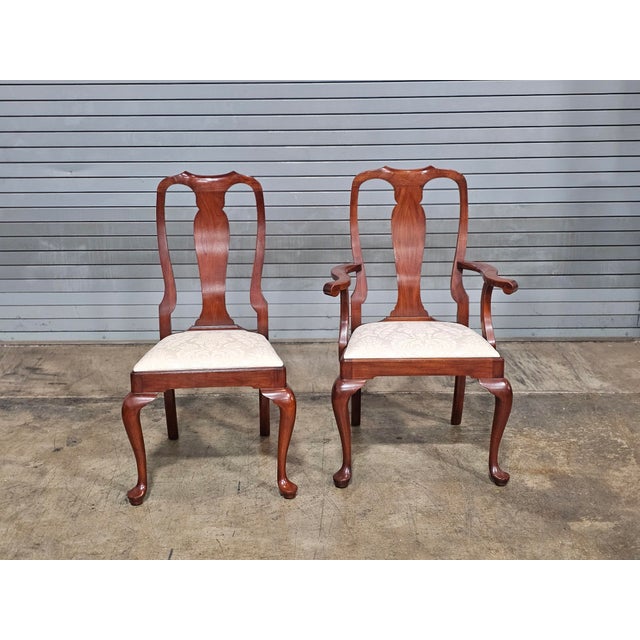 Wood 1990s Set of 8 Henkel Harris Black Cherry Dining Room Chairs White Damask Fabric For Sale - Image 7 of 18