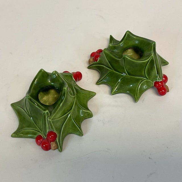 Ceramic 1963 Folk Art Americana Christmas Ceramic Holly Candle Holders, Artist Signed - a Pair For Sale - Image 7 of 12