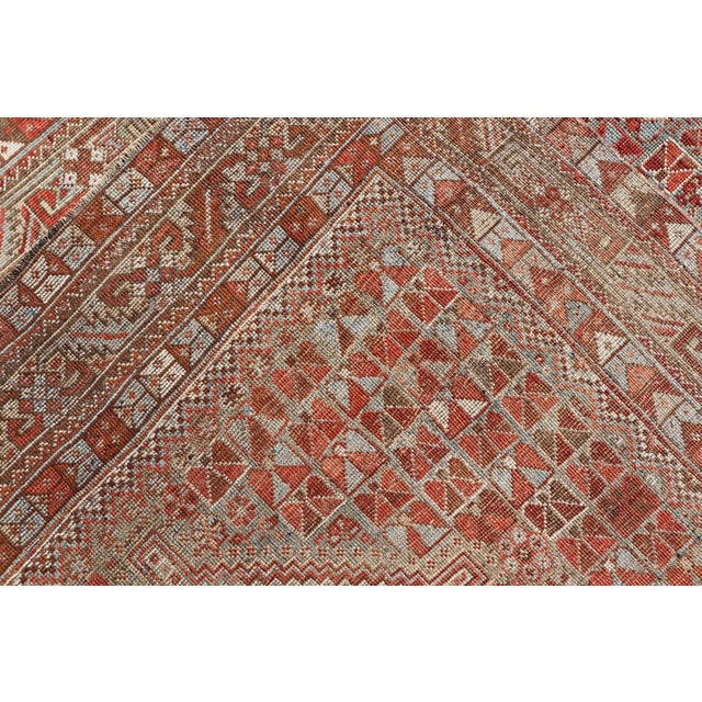 Antique Distressed Persian Medallion Shiraz Rug in Shades Rusty Red & Steel Blue For Sale - Image 10 of 10