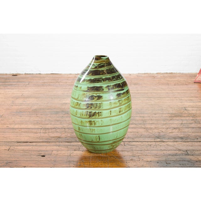 Artisan Contemporary Green and Brown Glaze Ceramic Vase with Spiral Decor For Sale In New York - Image 6 of 13