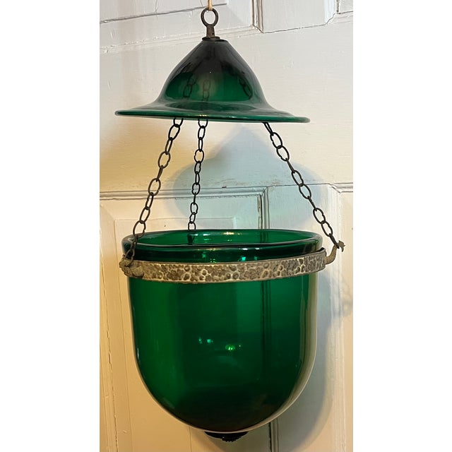 Emerald Large Antique 19th Century American Federal Emerald Green Blown Glass Bell Jar Hall Lantern With Witch's Hat Smoke Shade For Sale - Image 8 of 11