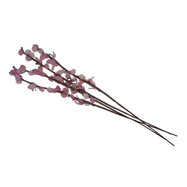Set of four mid century pink Cherry Blossom stems crafted of translucent pink glass petals attached to a brown faux wood...