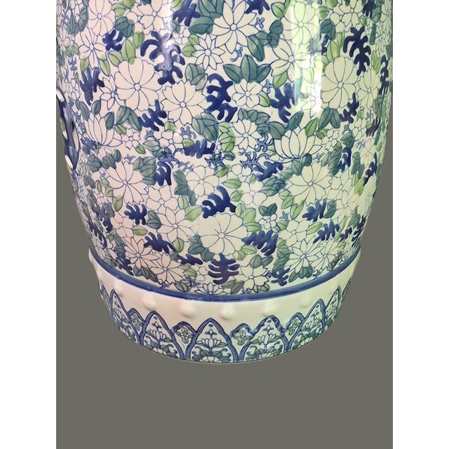 Vintage Asian Ceramic Blue-White-Green Floral Garden Stool For Sale - Image 4 of 9
