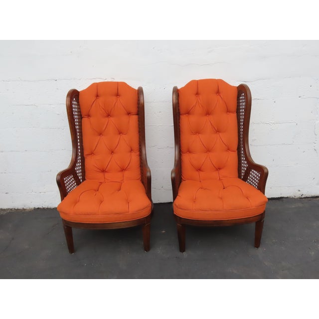 Mid-Century Modern Hollywood Regency Extra Tall Caned Wing Back Livingroom Side Chairs a Pair 6654 For Sale - Image 3 of 17